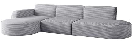 Kaiser Möbel - Sofa L Form - Ecksofa Cord - 296 cm lang, 165 cm breit - Wohnzimmer Couch Extra Groß, Bequemer Sitz mit gewellten Federn und HR Schaum - Modena Sofa Hellgrau - Ottomane Links