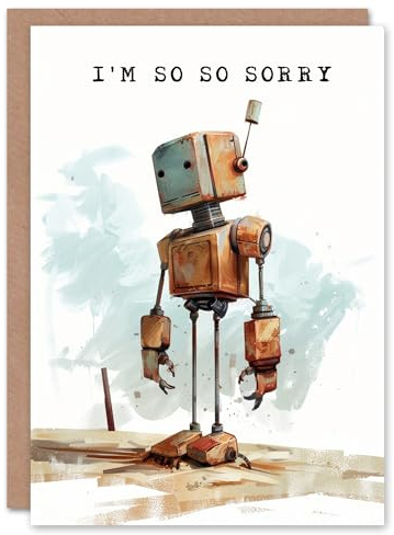 Artery8 So Sorry Cute Retro Mechanoid Bot Robot Apology Blank For Him Or Her Art Miss You Card