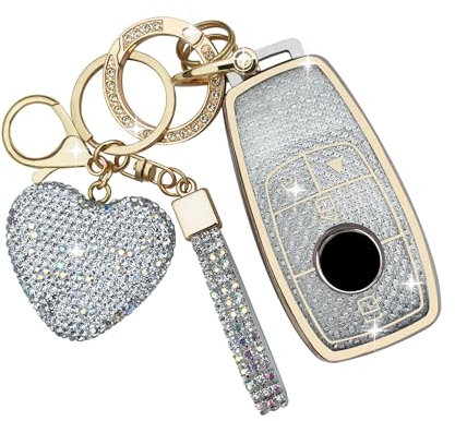 ZVRSUA Autoschlüssel hülle Cover mit Diamant Bling Schlüsselanhänger aus Weichem TPU,für Mercedes Benz 2019–2021 A-Klasse C-Klasse G-Klasse 2017–2020 E-Klasse S-Klasse(Silber)