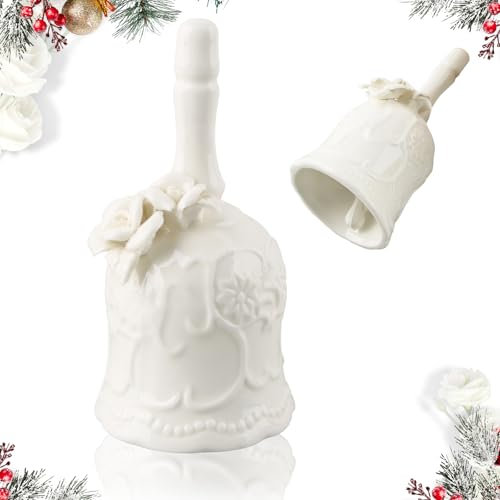 XIMEY Blumenglocke, Blumenglocke Porzellan, Glocke, Porzellanglocke, Glocken, Tischglocke, Tischklingel, Handglocken mit Rosenmuster, für Restaurants und Bars (Zwei weiße Blumen)