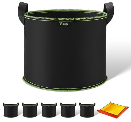 Vinitoy 3 Gallon Fabric Pots, 5 Pack 12L Grow Bags with Extended Handles, Heavy Duty Thickened Nonwoven Cloth Pots with 100cm x 100cm Repotting Mat for Tomatoes, Potatos, Vegetables