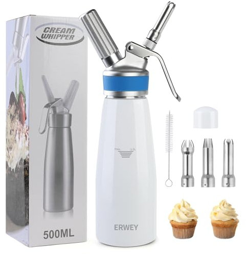 ERWEY Sahnespender 500ML, Sahnesyphon Aluminium, Sahnesprüher Auslaufsicherer Einfach Reinigen mit 3 Tüllen und 1 Reinigungsbürsten, für Küche Party Desserts