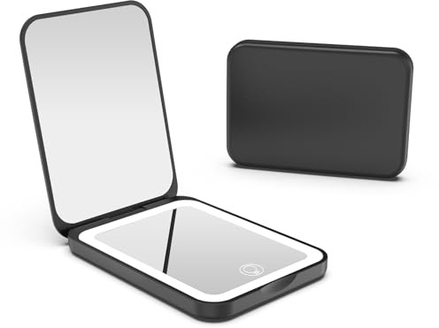 Kintion Pocket Mirror, Rechargeable 1X/3X Compact Mirror with Light, Black | LED Travel Makeup Mirror for Purse, Handbag, 3 Colors Dimmable, Handheld, Portable, Small Lighted Mirrors for Women Gifts