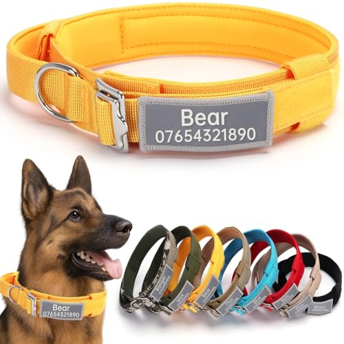 SEOUGEE Tactical Dog Collar Personalised with Handle, Soft Padded Dog Collars with Custom Reflective Name Patch, Adjustable Collars with Portable Buckle for Medium Large Dogs Training (Yellow, XL)
