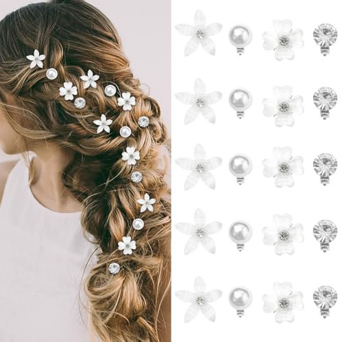 20 pezzi Mini fermagli per capelli a forma di fiore, fermagli per capelli con perle e strass, accessori per donne e ragazze, per tutti i giorni, feste, matrimoni (bianco)