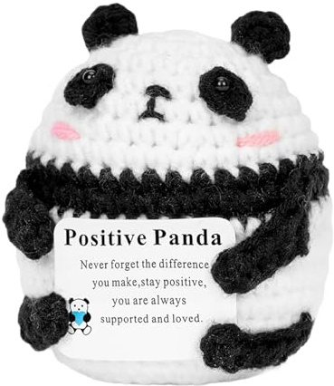 Onperpoe Lustige Positive Panda mit Inspirierender Karte, Positive Geschenke Emotional Support Strickpuppe aus Wolle Handgefertigt Motivationsgeschenk, Glücksbringer, Entspannungs-Geschenk
