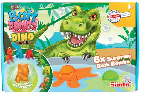 Simba Baff Bombz Dino Surprise – 6er Set Glibbi Badebombe mit Überraschung, zufällige Auswahl aus 3 Farben & 1 von 6 Dinosaurier-Figuren, 100 g, für Kinder ab 3 Jahren