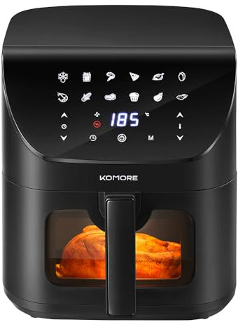 KOMORE Digital Air Fryer with Visual Window 8L, 1700W, 12 in 1 Compact Airfryers with Touchscreen, RapidAir Technology for Extra Crisp, 60mins Timing, Nonstick & Dishwasher Safe, Oil-Free, Black