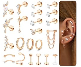Adramata 23Pcs Helix Piercings Chirurgenstahl Ohrringe Piercing Set Medizinische Ohrstecker Helix Ring Knorpel Ohrringe für Damen Vergoldete Silber Conch Rook Tragus Piercing Ohr Schmuck