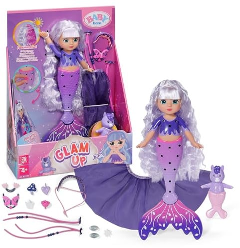 BABY Born Glam Up Aura Meerjungfrauenpuppe mit Styling-Zubehör | UV-Farbeffekt, Stoff-Accessoires, Haar-Pins, Tier-Freund