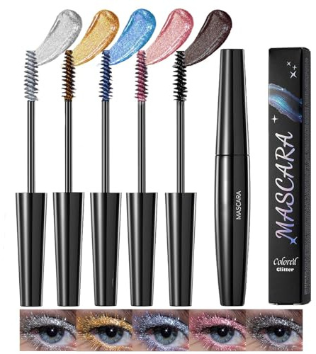 5 Coloré Glitter Mascara for Women,Mascara Volume Waterproof Longue Durée,Brillant Charmant Extension de Curling Boucle Volumineuse-Maquillage des Yeux Scintillant