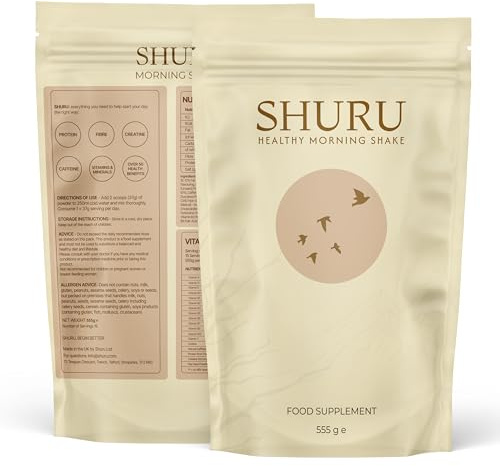 Shuru Pea Protein Breakfast Shake, High Protein Morning Shake with Creatine and Natural Caffeine, 15 Vitamins and Minerals, 21g Protein, Low Sugar, Vegan, 555g
