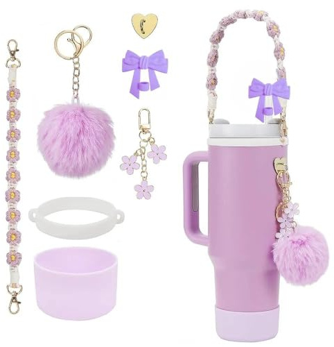 Homelytic Cup Accessories Set, 10PCS Tumbler Decoration Kit with Floral Strap, Pom Pom Charms, Silicone Boot, Light Purple Water Bottle Handle