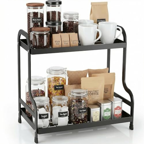 Exquilnova 2 Tier Coffee Station Organizer for Countertop,Carbon Steel Hot Chocolate Station,Coffee Bar for Kitchen,Home,Office,Kitchen Storage & Organisation for Tea,Matcha,Condiment Storage