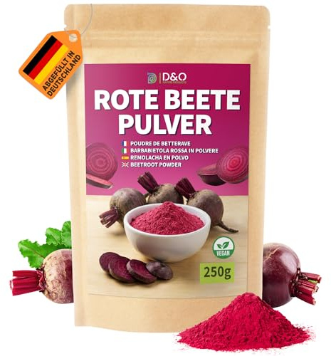 Rote Beete Pulver 250g, schonend luftgetrocknetes Rote-Beetepulver | aus 100% natürlichen roten Beten, roh und gekocht verwendbar, Lebensmittelfarbe vegan, fein vermahlen, ohne Zusatzstoffe