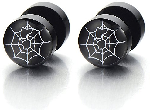 10MM Schwarz Kreis Ohrstecker mit Spinnennetz Herren Ohrringe Fakeplugs Ohr-Plug Tunnel Gauges Ohr-Piercing, 1 Paar