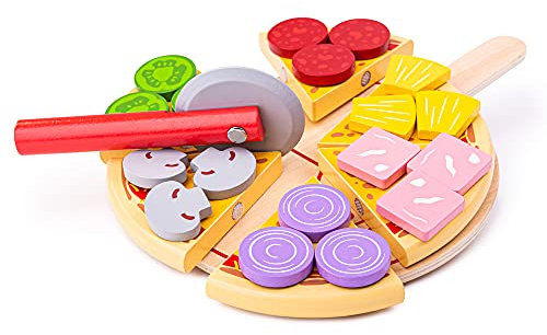 Bigjigs Toys Wooden Cutting Pizza with Wooden Toppings and Pizza Slicer - Play Food and Role Play for Kids