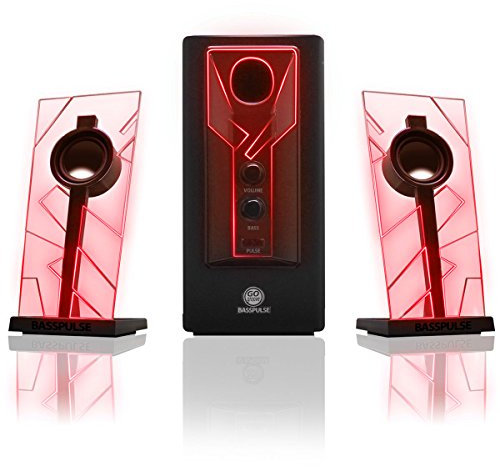GOgroove BassPULSE - Altoparlanti stereo satellitari 2.1 LED per PC, con luci rosse, controlli bassi e subwoofer alimentato, compatibile con PC, Mac, desktop, laptop e altri dispositivi multimediali