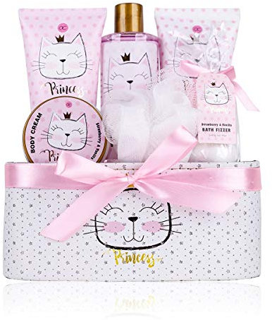 Accentra – Geschenkset Princess Kitty für Mädchen & Frauen – 7-teiliges Duschset mit Schaumbad, Peeling, Duschgel, Bodylotion & mehr – Pflegeset mit Erdbeer & Vanille Duft in süßer Geschenkbox