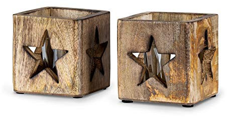 levandeo 2er Set Windlicht Stern 9cm Mangoholz Teelicht Glaseinsatz Teelichthalter Kerze Sternmotiv Mango Natur Holzdeko