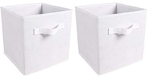 Redd Royal 2 PCS Folding Storage Boxes with Handle, Foldable Canvas Organiser Cube Basket Bin Storage Unit for Nursery Wardrobe Kids Room (White)