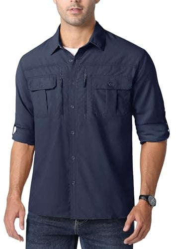 MAGCOMSEN Walking Shirts for Men Casual Long Sleeve Tshirts Sun Protection Golf Tops Button Down Work Tops for Men Breathable Fast Dry Walking Tee Shirts Navy