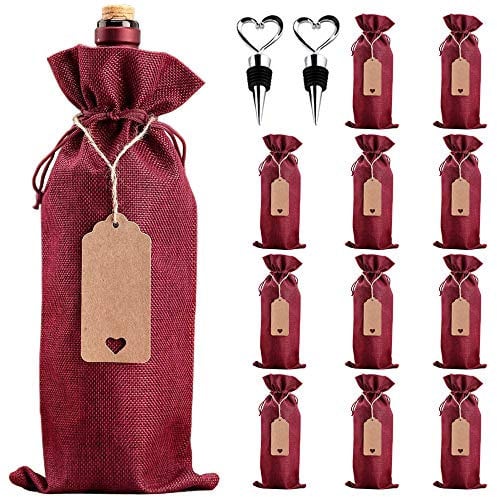LZYMSZ Sacchetti di Iuta, 12pz Sacchetti Regalo per Bottiglie Copribottiglie con Tag, Corde e Tappi, Sacchetti per Bottiglie di Natale Copribottiglie riutilizzabili per Matrimonio (Red)