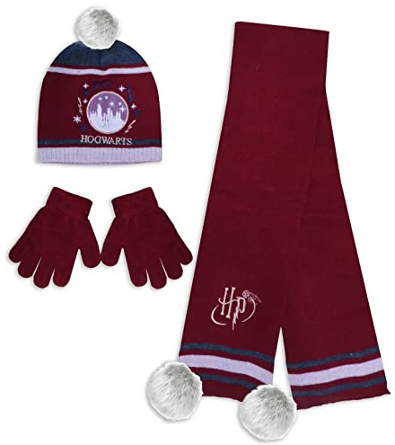 Harry Potter Kids Hat, Scarf & Gloves Winter Set - Hogwarts Castle - Red - 6-9 Years