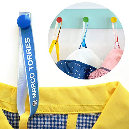 6 Cintas para Colgar Ropa sin Coser. Colgadores Personalizados con Nombre para Colgar Chaquetas y Batas de los niños en el Cole y guardería. Etiquetas de Tela con botón.