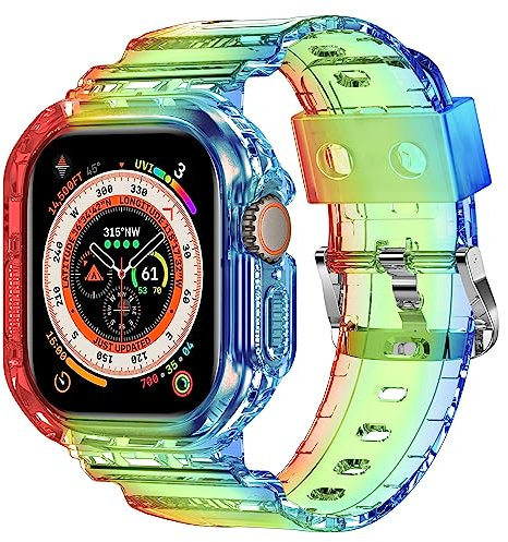 XYF Apple Watch Bands 45mm 44mm 42mm 41mm 40mm 38mm 49mm Clear with Bumper Case for Men Women, Jelly Sport Case and Band for iWatch Ultra Series 8, 7, SE/6, 5, 4, 3, 2, 1, 38/40/41mm, No Gemstones