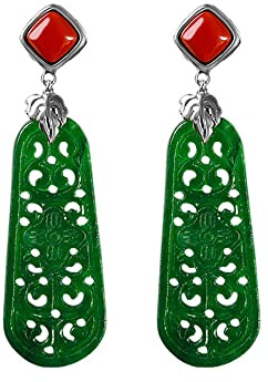 Lllunimon Zarte rechteckige Jade -Drop -Ohrringe 925 Sterling Silber Green Hohlhöhle Jade Ohrringe Charming Palaststil Schmuck für Frauen Mädchen