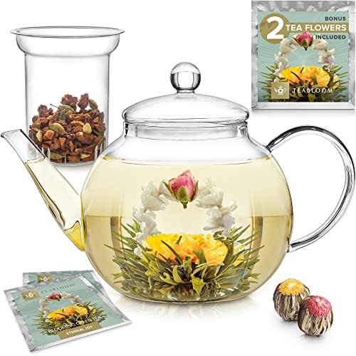 Teabloom Stovetop & Microwave Safe Glass Teapot with Removable Loose Tea Glass Infuser – Includes 2 Blooming Teas – 2-in-1 Tea Kettle and Tea Maker – Tea Purist's Choice
