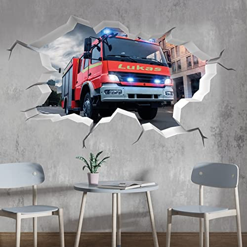 tjapalo® P62 3D Wandtattoo Mit Namen Feuerwehr Auto Wandaufkleber Kinderzimmer Junge Wandsticker Feuerwehr Kinder, Größe: B100xH58cm