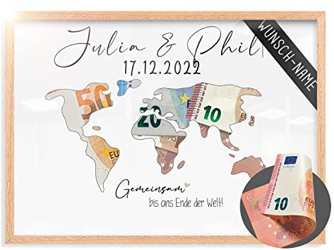 Premium Personalisiertes Hochzeitsgeschenk - Geldgeschenke Hochzeit - Hochzeitsgeschenk Geld - Geldgeschenke zur Hochzeit - personalisiertes Geschenk zur Hochzeit | Weltkarte (DIN A4)