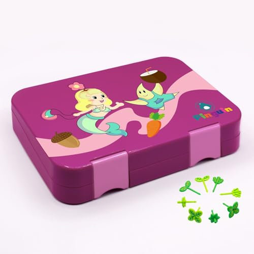 Pinguin® Kinder Brotdose mit 6 Fächern – Lunch Box Set mit Obststicks – Bento Box für Ausflüge, Kita und Schule – Snack Box für Jungen und Mädchen - BPA frei