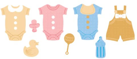 Craftelier - Stanzformen Baby Sweet Dreams für Scrapbooking, Basteln und Kartenmaterial | inkl. Body, Latzhose, Ente, Schnuller, Rassel, Flasche und Zubehör | Größe zwischen 1,47 x 1,77 und 4,05 x 5