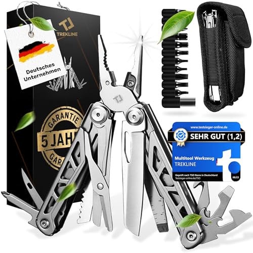 TREKLINE Premium Multitool Werkzeug [rostfreier Edelstahl] Survival Multifunktionsmesser perfektes Camping Zubehör, Multifunktionswerkzeug [27 Funktionen] Taschenmesser, Geschütztes Design