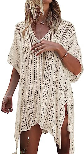 Edhomenn Women 's Bathing Suit Cover Up Hollow Out Bikini Cover Ups V-Neck Short Sleeve Loose Beach Pool Swimwear Crochet Dress (Beige, ONE Size)