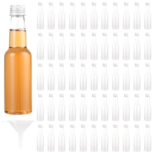 AKOLAFE 50 botellas pequeñas para rellenar, 100 ml, mini botellas para llenar con 5 embudos, botellas de licor de plástico, reutilizables, botellas de licor de líquidos para bodas, fiestas