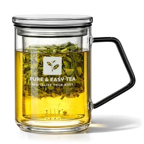 Pure And Easy Tea, Glass Tea Infuser Mug with Lid - Plastic-Free Borosilicate Steeping Cup for Loose Leaf Tea and Tisanes, 400 mL/13.5 oz