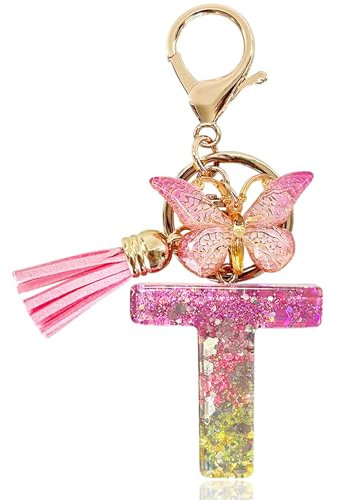 Yanmucy Porte-clés alphabet violet mignon avec pendentif papillon et pampille en résine pour sac à breloques nom porte-clés pour femme et fille, t, taille unique