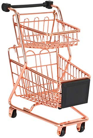 Rfeeuubft Mini Doppel Schichten Einkaufs Wagen Modell Schmiede Supermarkt Trolley Metall Gold Ablage Korb Gold