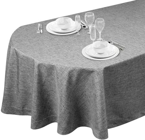 LLCUTESHOP Oval Tischdecke Grau 155 x 215cm, Knitterfreie Tischtuch Elegante Grau Leinen Tischdecke Einfarbig, Ausgeschnittenes Design, Premium Handgefertigt, Leinenoptik Abwaschbar