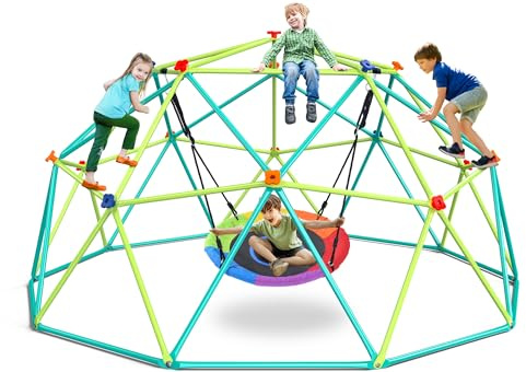 Hapfan 10 ft Climbing Dome Swing Set with Saucer Swing, Jungle Gym for Kids Outdoor Backyard, Supports 800lbs, Easy Asssembly, Rust-Resistant Outdoor Playset for Ages 3-8 8-12
