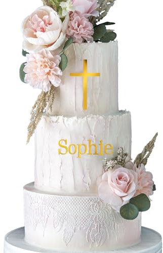 BETESSIN 56Pcs Cake Topper Taufe Personalisiert Kuchen Topper Kreuz Buchstaben Kuchendeko Acryl Kreuze Torte 14x8cm Gold Wunschnamen Kommunion Geburtstag 2 Set A-Z Klein-/ Großbuchstaben Tortendeko