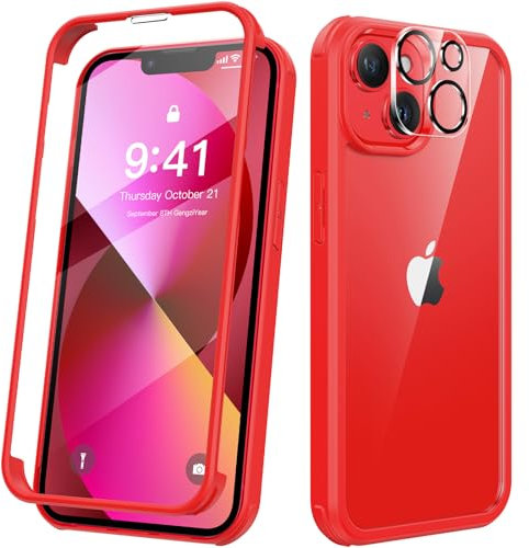 Kmofizle 360 Grad für iPhone 13 Hülle mit Eingebaut Glas Schutzfolie und Kameraschutz, Stoßfest Stoßfänger Fullbody Handyhülle für iPhone 13 (6.1 Zoll) - Rot