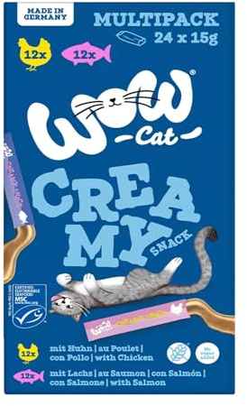 Wow Snacks Leckerlis für Katzen, Creamy-Sorte, verschiedene Geschmacksrichtungen, 24 x 15 g, Mix mit 12 x Huhn, 12 x Lachs