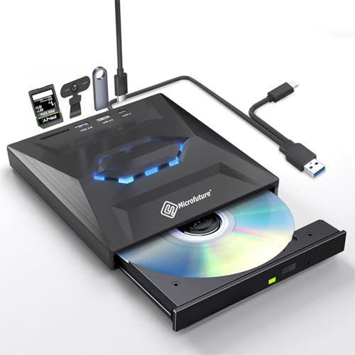 MICROFUTURE Slim Portable DVD Burner, USB 3.0/Type-C Dual Interface, Plug & Play for Laptop/Mac/PC - SD/TF Card Reader, Anti-Vibration & High-Speed CD/DVD RW Drive, Compatible with Linux, Mac