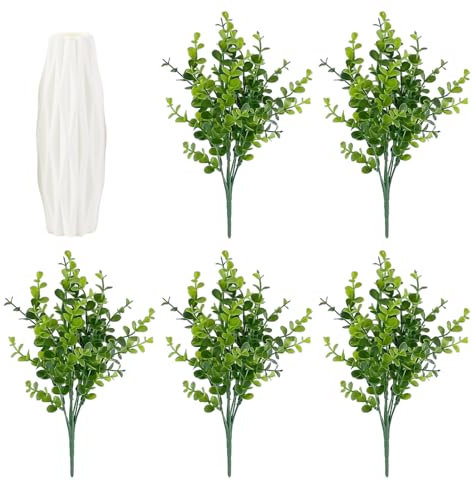 ZBHDEYG 5 plantas artificiales y 1 jarrón, plantas artificiales para exteriores, plantas artificiales para balcón, césped artificial, plantas artificiales para exteriores, hierba decorativa (verde)