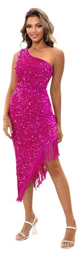 Robe Moulante à Paillettes à Une Épaule Femme Robe en Franges à Ourlet Asymétrique Robe De Cocktail Chic et Élégant pour Fête Mariage Bal
